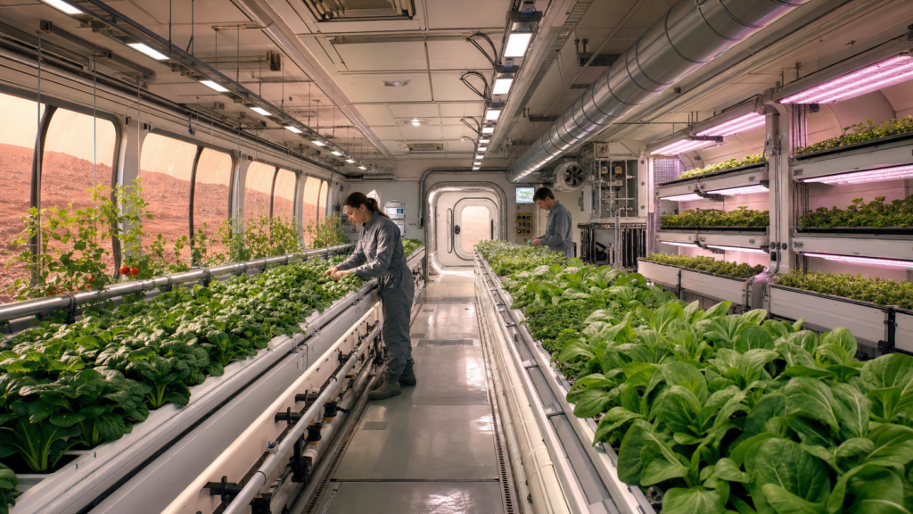 Interior of a Mars greenhouse with hydroponic crops and life-support systems