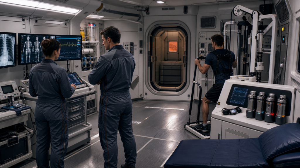Mars habitat medical bay with radiation monitoring and exercise countermeasure equipment