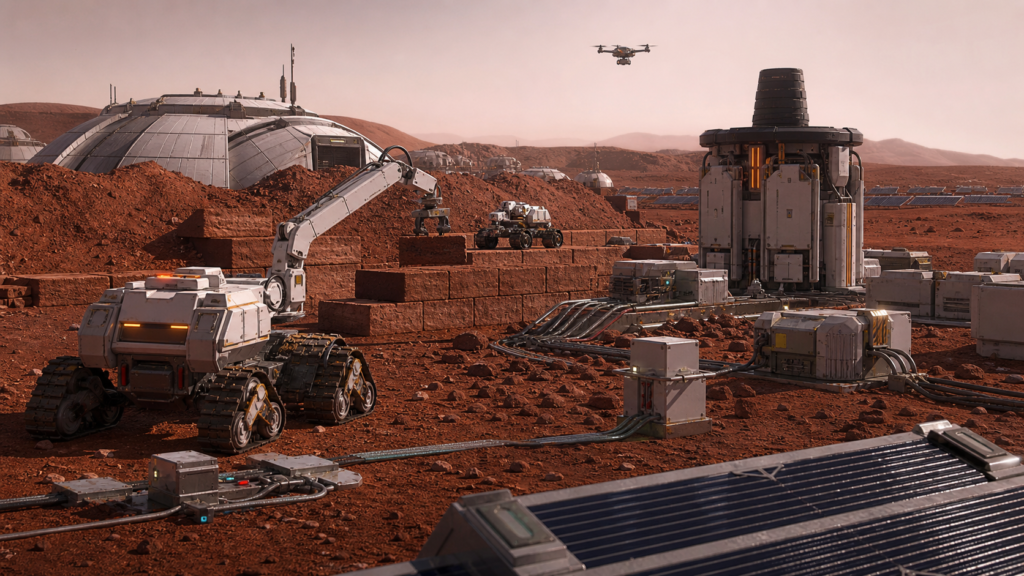 Autonomous construction robots and power infrastructure at a Mars settlement worksite