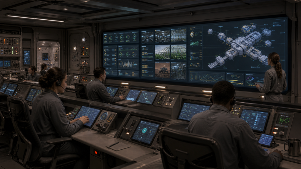Mars settlement operations control room monitoring life support power farms robotics and communications