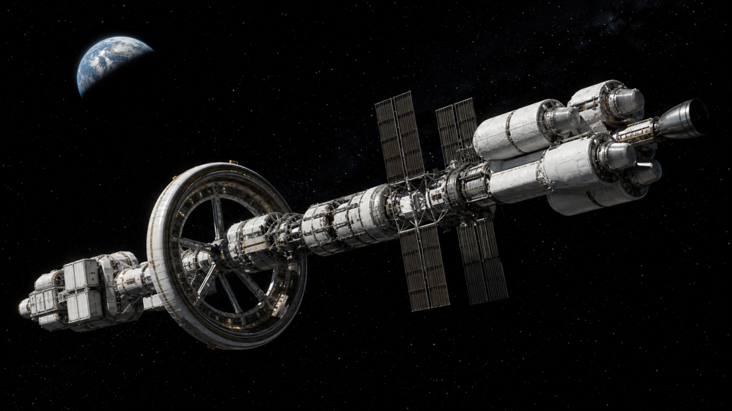 Large interplanetary spacecraft with rotating artificial gravity section near Earth