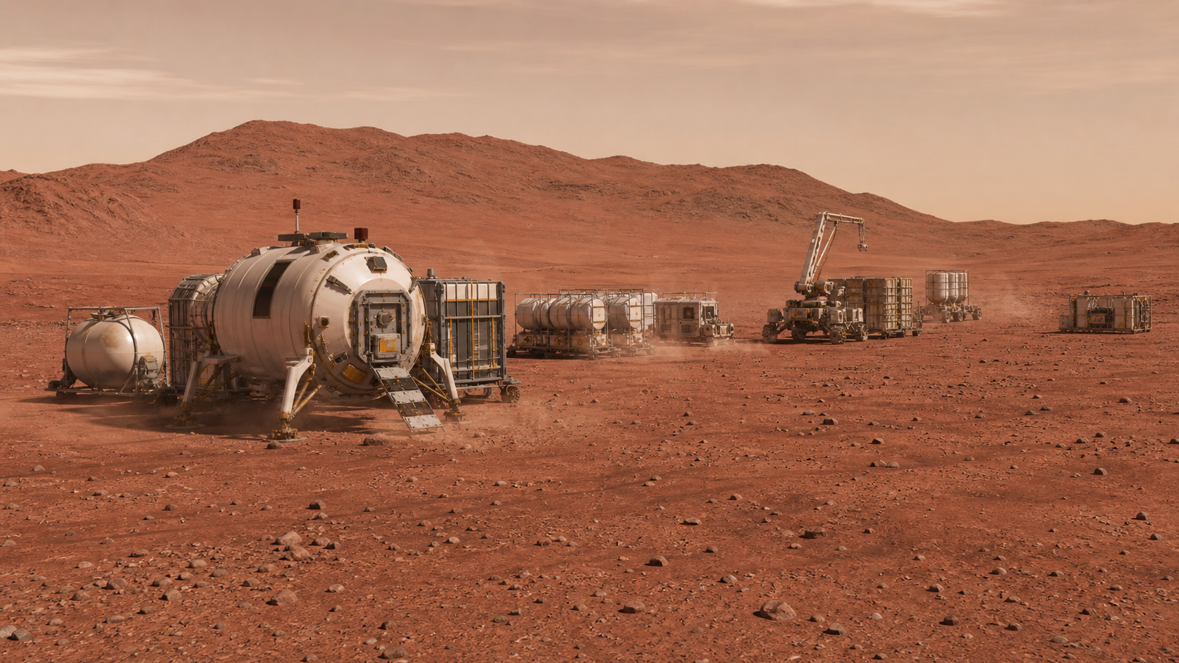 無人貨運著陸器和棲息艙在人類抵達前部署於火星塵土平原。
