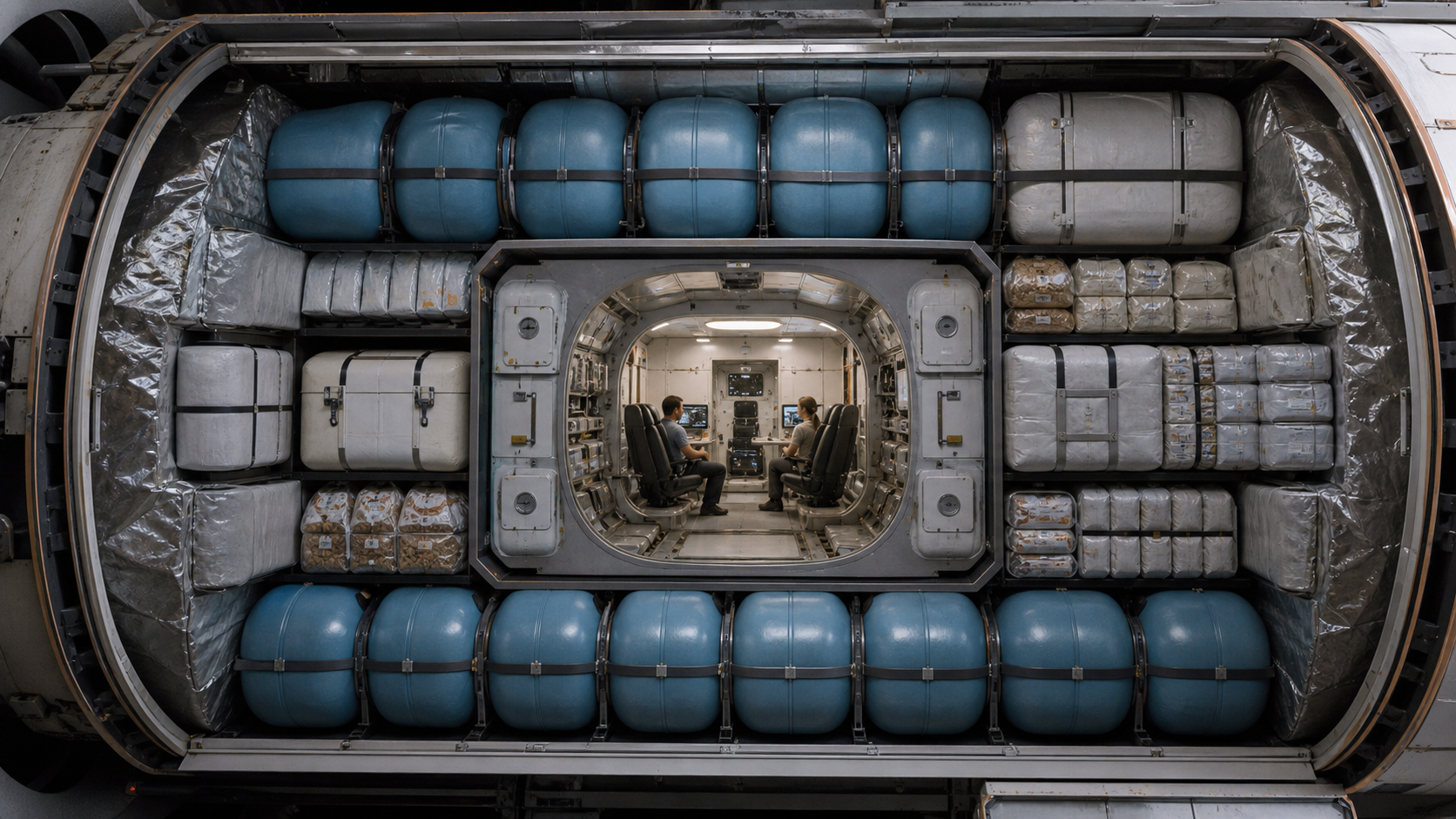 A protected storm shelter inside a Mars transit vehicle surrounded by water tanks and dense supply stowage.