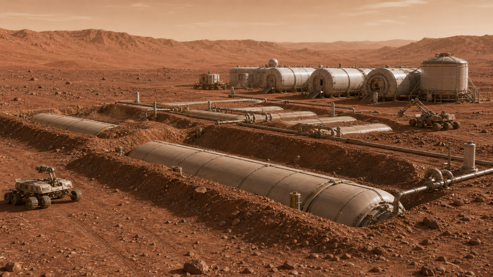 Buried insulated water storage tanks and pipes near compact Mars habitat modules.