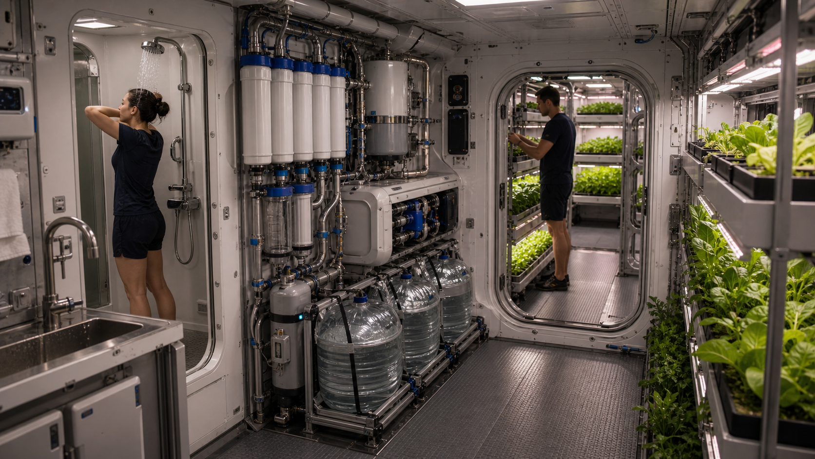 A Mars habitat water recycling system connected to crew hygiene equipment and hydroponic grow beds.