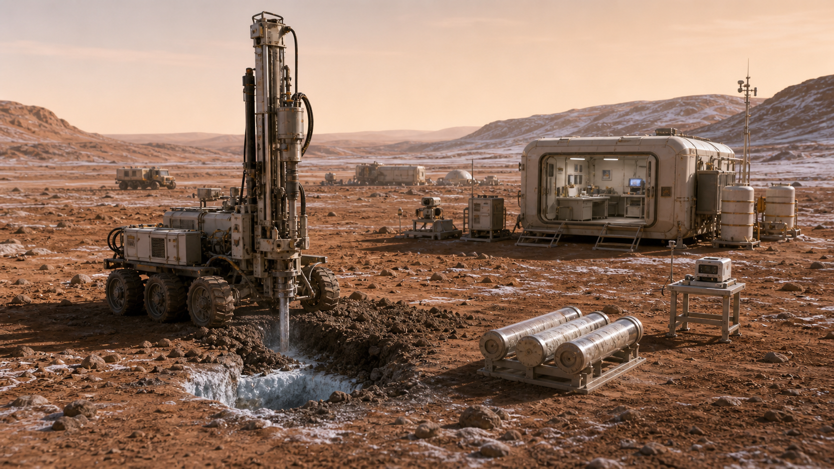 A robotic drill investigating shallow subsurface ice beside a Mars field laboratory.