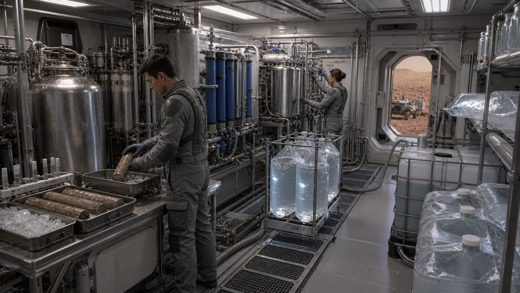 Technicians processing dusty Mars ice cores into clean water inside a pressurized purification module.