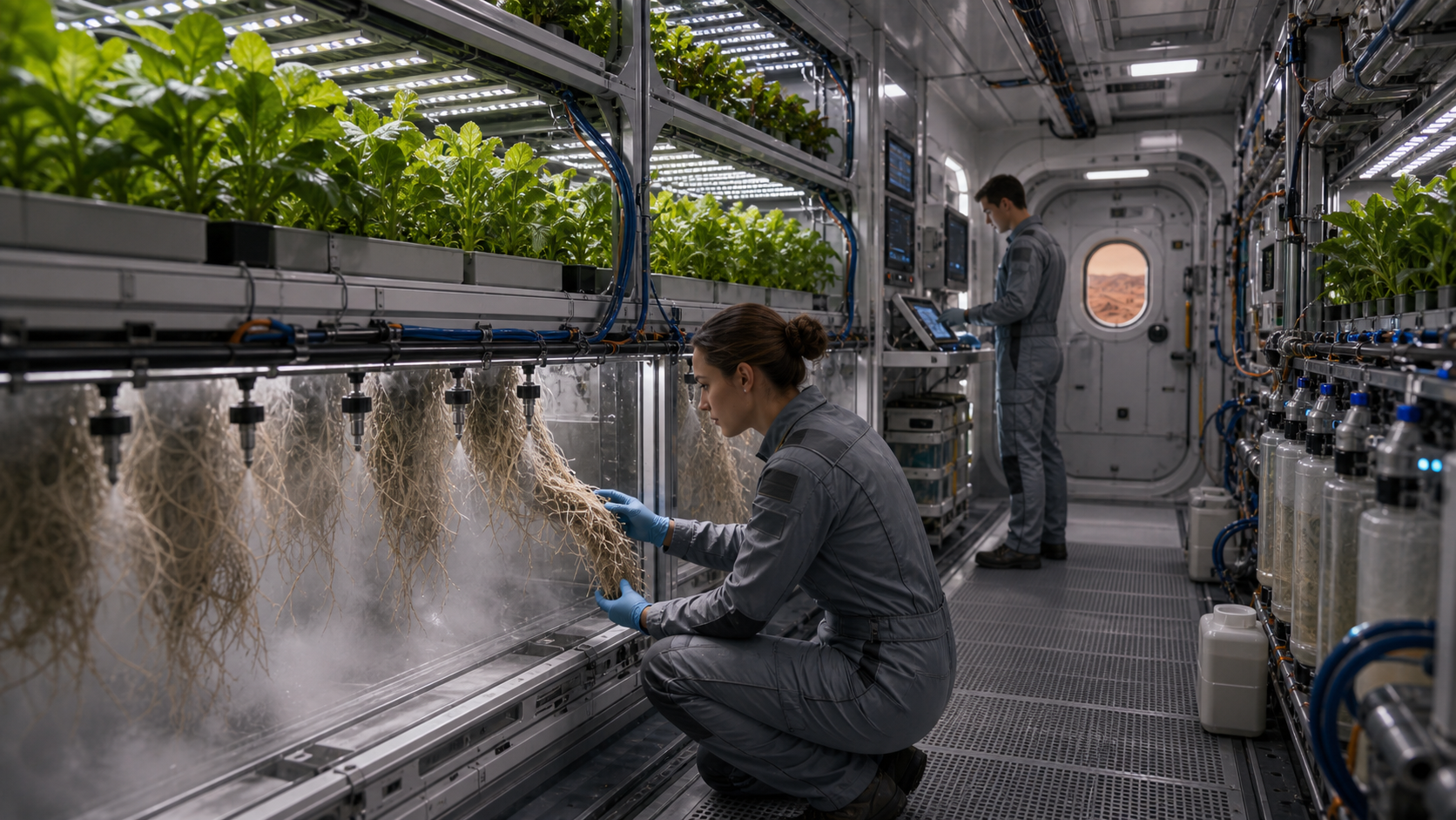 Technicians inspecting exposed plant roots in misted aeroponic chambers inside a Mars farm module.