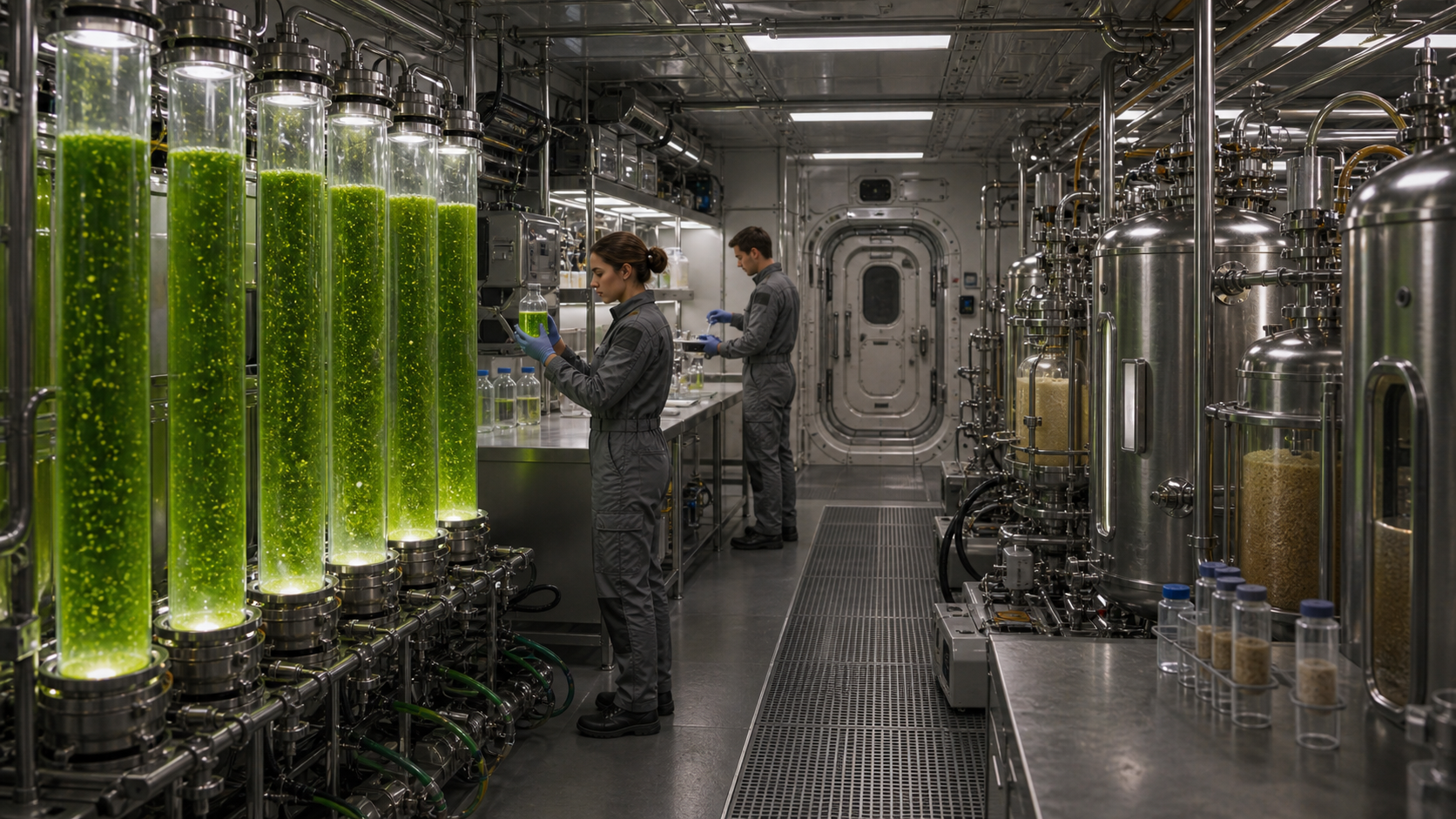 Technicians operating algae bioreactor tubes and fermentation tanks in a Mars habitat laboratory.