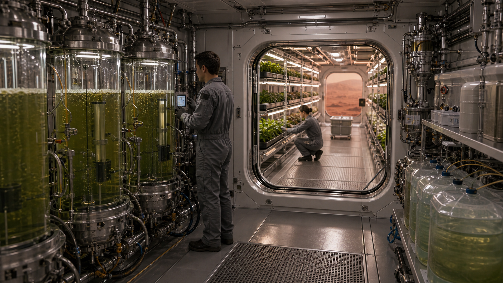 A closed-loop Mars habitat utility room connecting bioreactors to a hydroponic greenhouse.