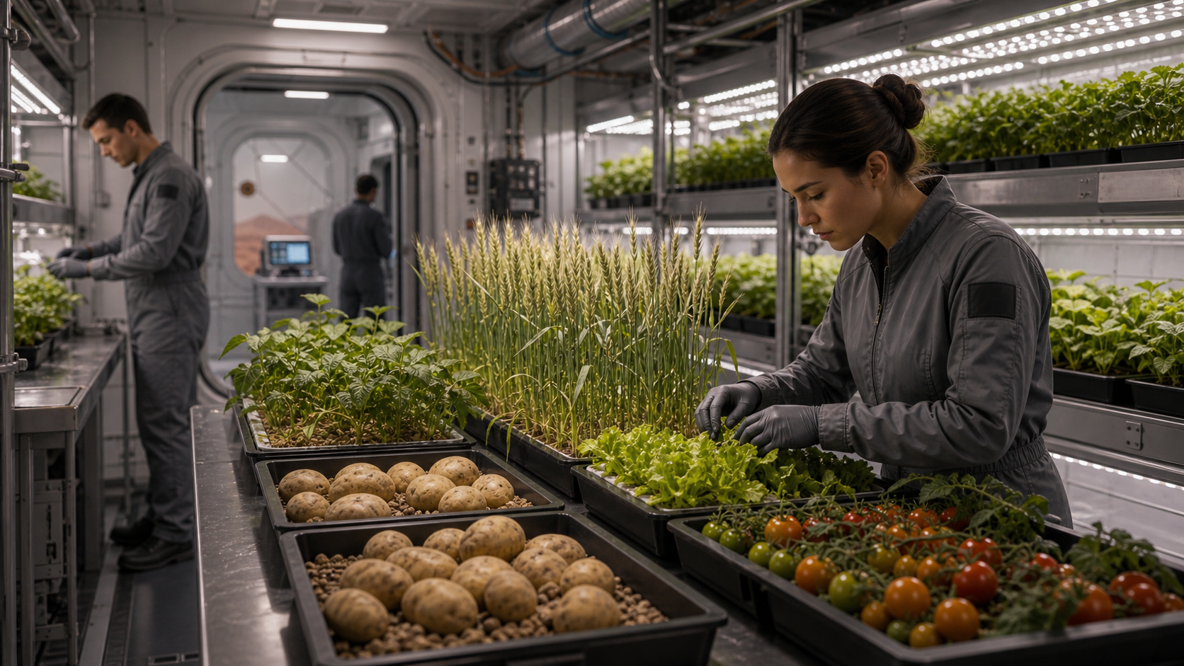 Mars farm workers comparing trays of potatoes, wheat, greens, and tomatoes under grow lights.