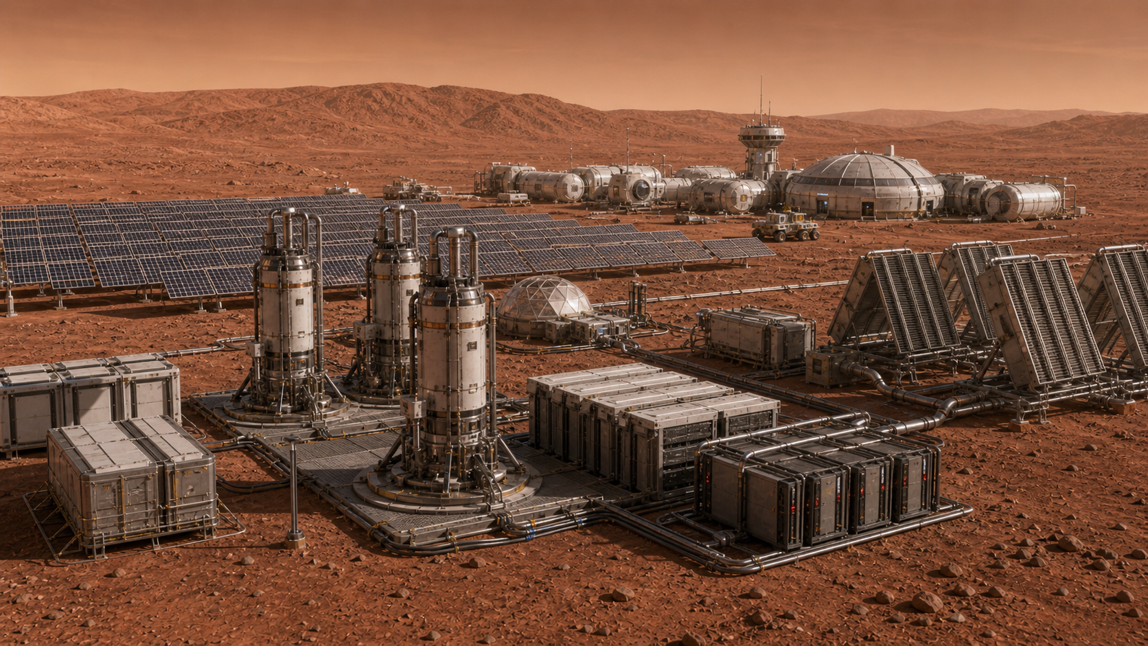 火星定居點電力樞紐，包含小型反應爐、太陽能陣列、電池、散熱器，以及由電纜連接的棲息地。