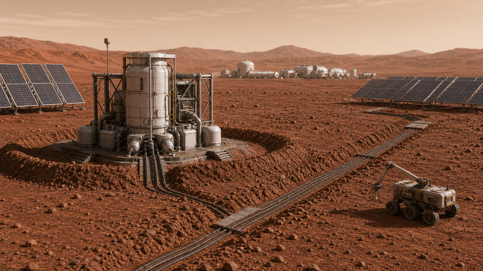 A compact Mars surface fission power module separated from habitats by cable trenches and berms.