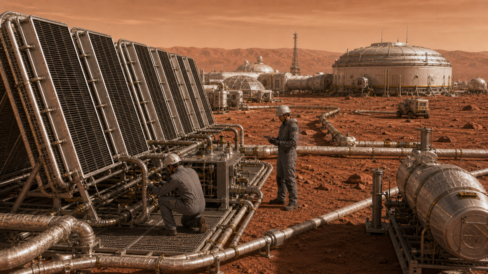 工程師在火星棲息地附近檢查散熱板、隔熱管線和熱儲存槽。
