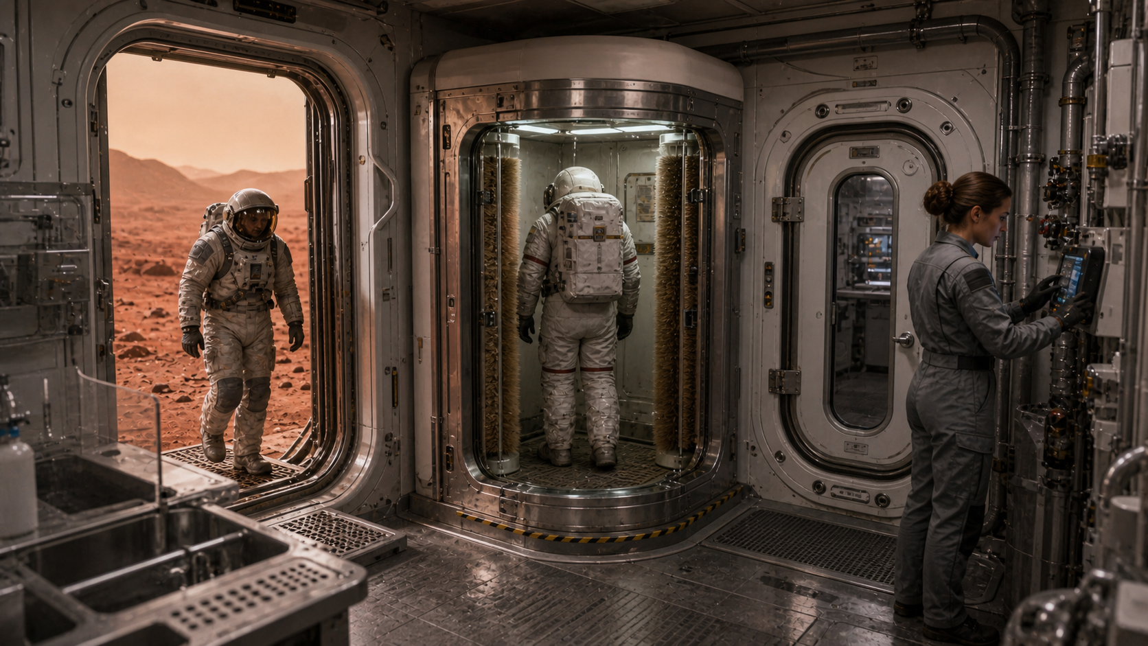 A Mars habitat airlock with suited crew entering through dust-control brushes and pressure doors.
