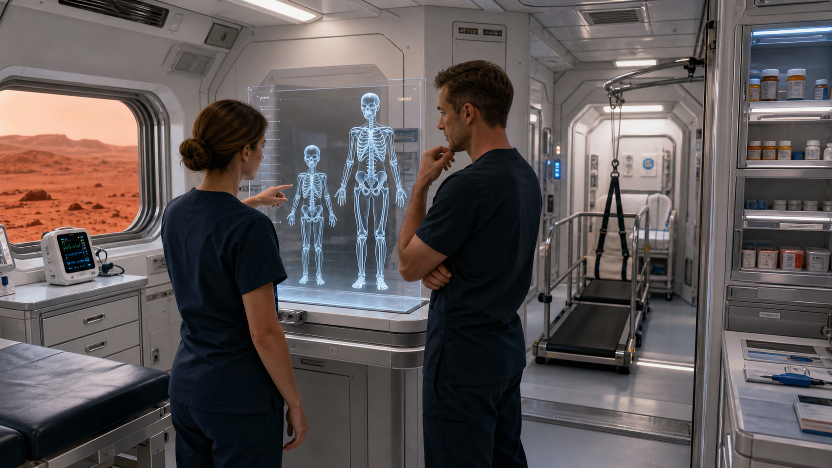 A Mars habitat medical planning room with clinicians reviewing a skeletal growth model and pediatric equipment.