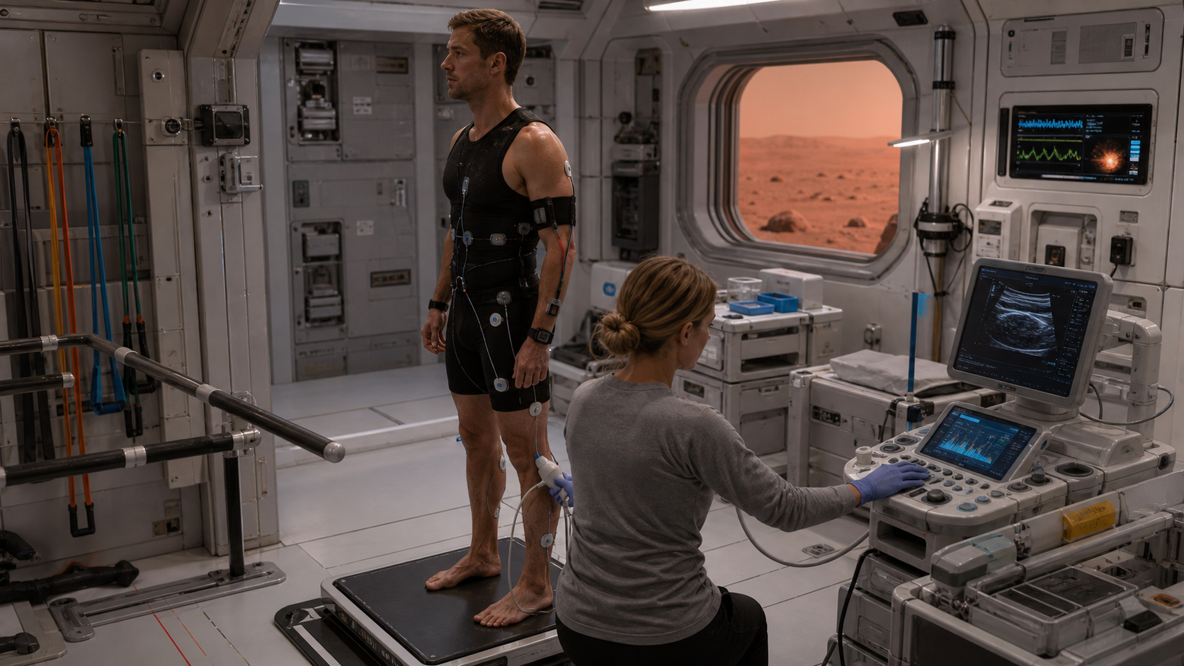 A Mars habitat medical lab where a crew member is tested on a force plate while a clinician monitors muscle and balance sensors.
