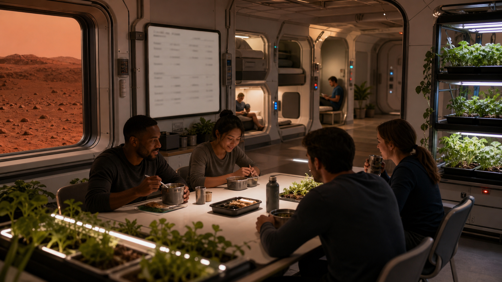 A Mars habitat communal room with crew members eating together beside a small indoor garden and shielded windows.