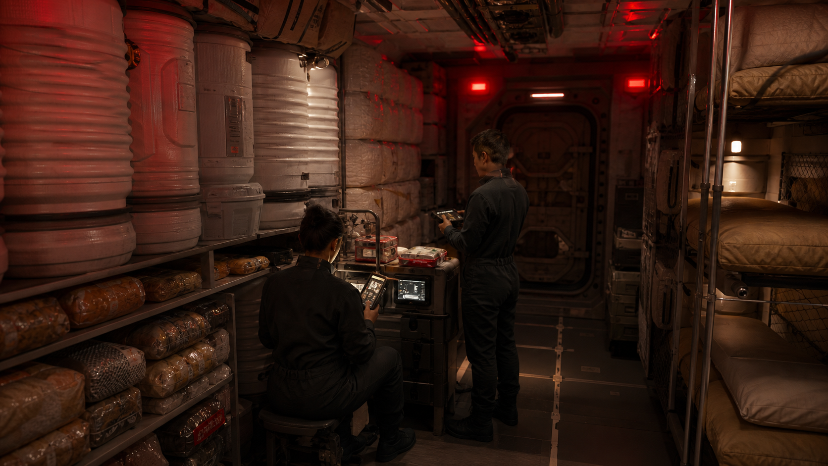 A Mars settlement radiation storm shelter with water tanks, food storage walls, dosimeters, medical kits, and crew members monitoring conditions.