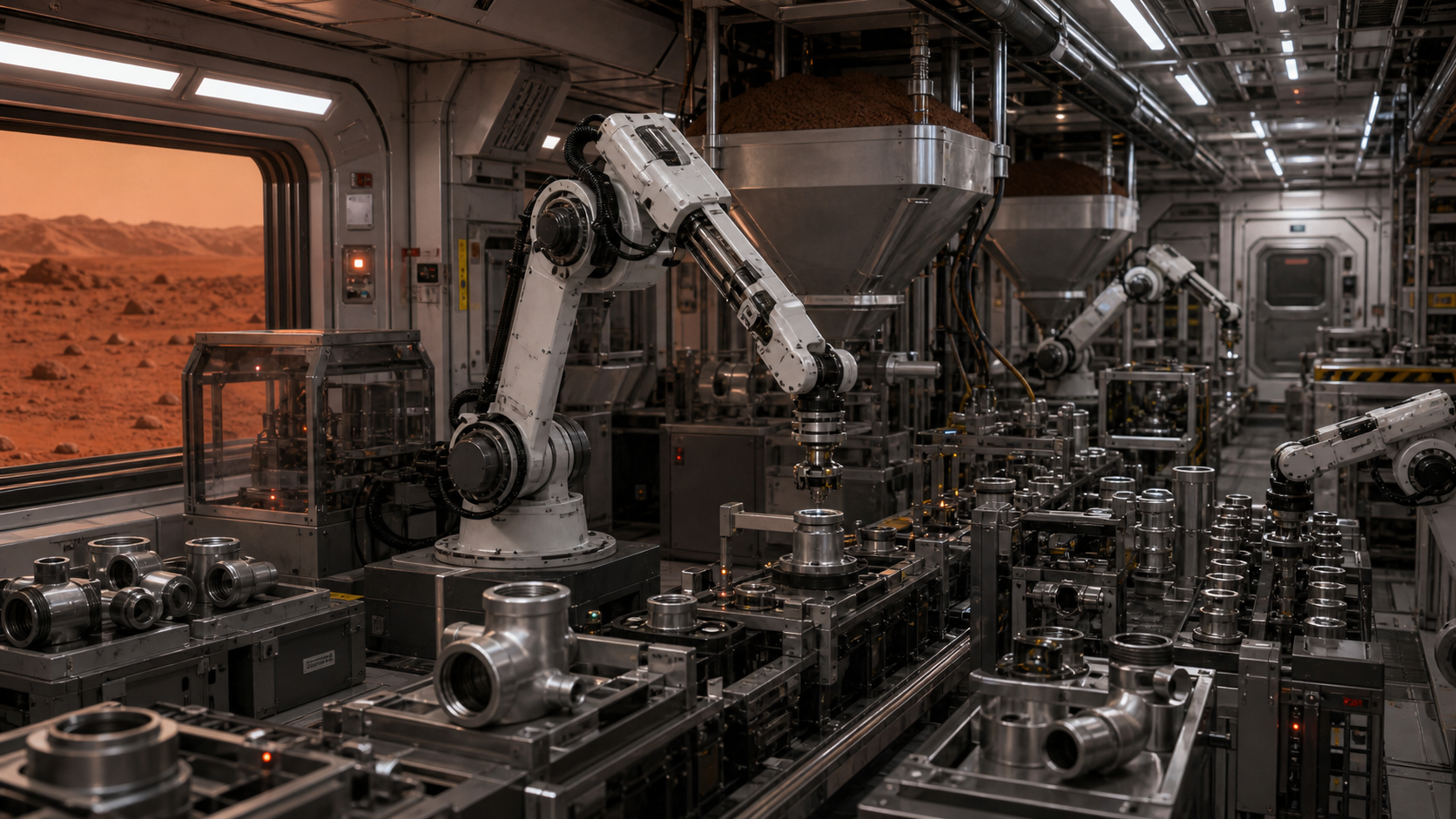 An autonomous Mars manufacturing module with robotic arms assembling spare parts and pressure fittings.