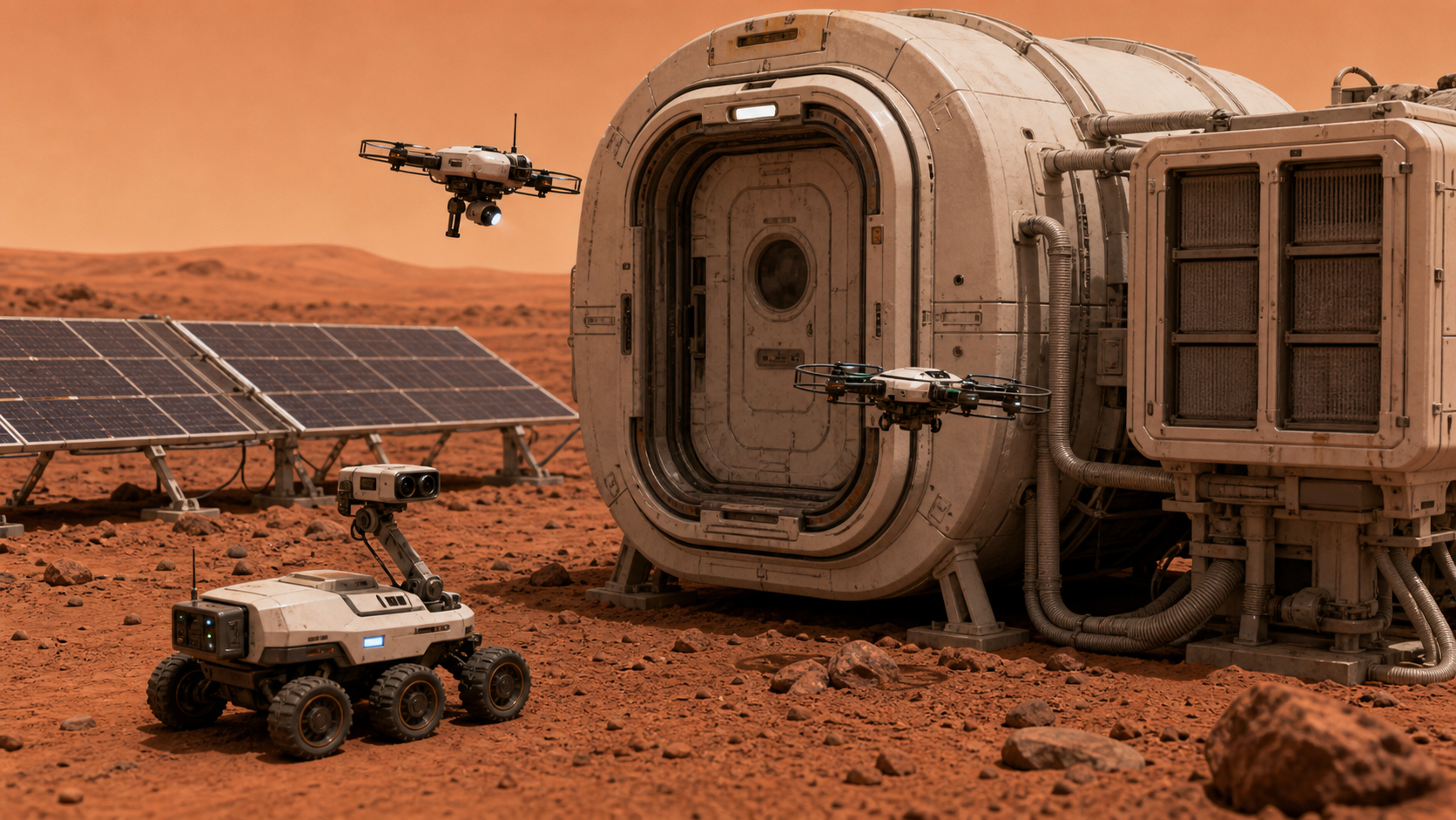 Mars repair and inspection robots checking airlock seals, dust filters, pipes, solar panel joints, and habitat exterior hardware.