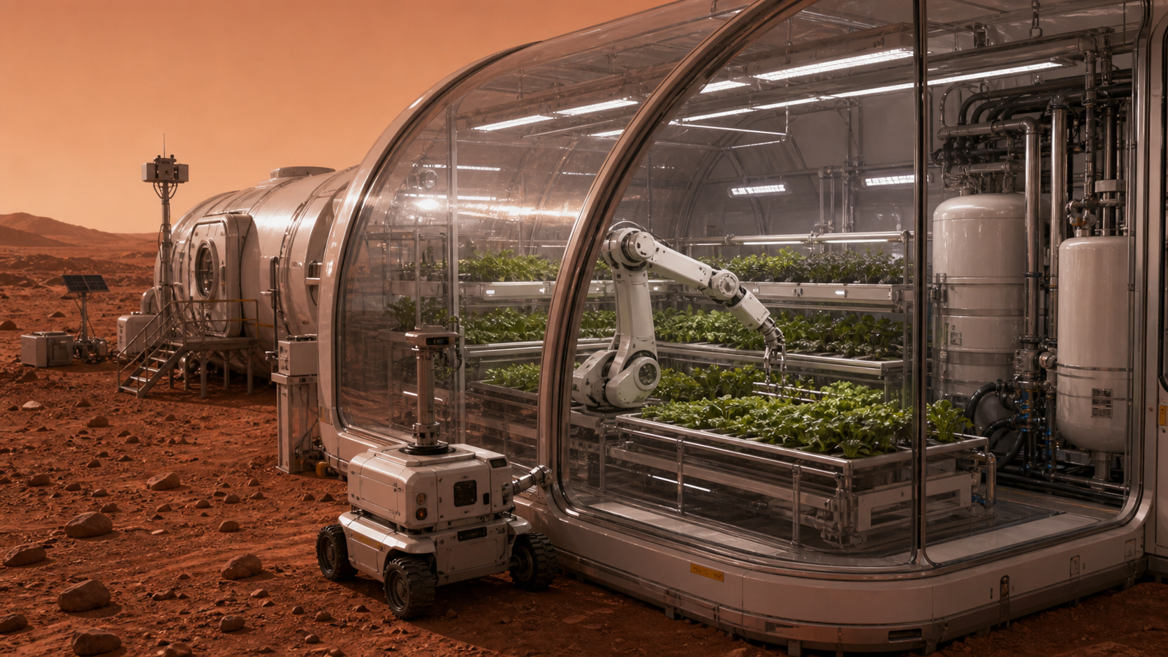 A robotic Mars greenhouse where an autonomous rover tends hydroponic trays and a robotic arm checks seedlings.