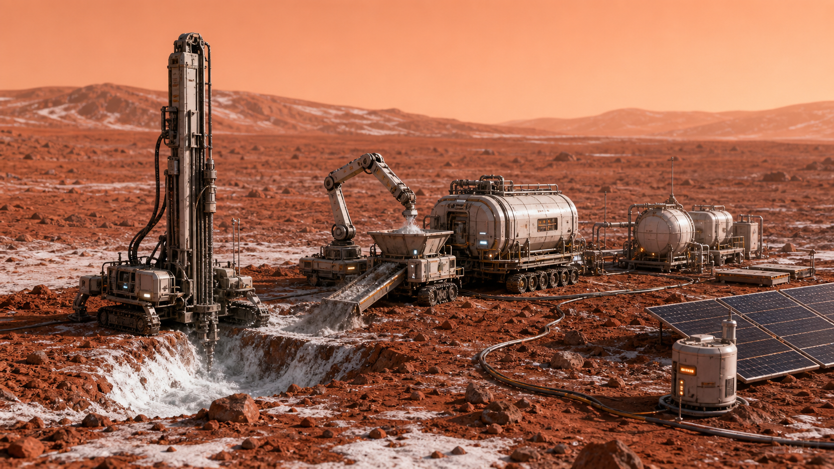A Mars robotic drilling and in situ resource utilization site extracting icy regolith beside processing hardware and power cables.
