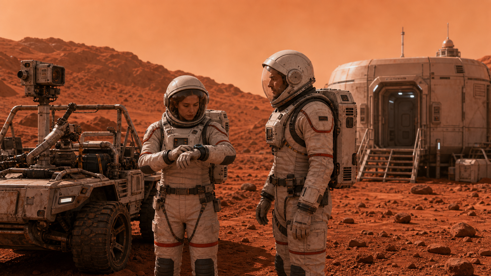Two astronauts beside a Mars rover checking a wrist dosimeter and mission timer before outdoor work.