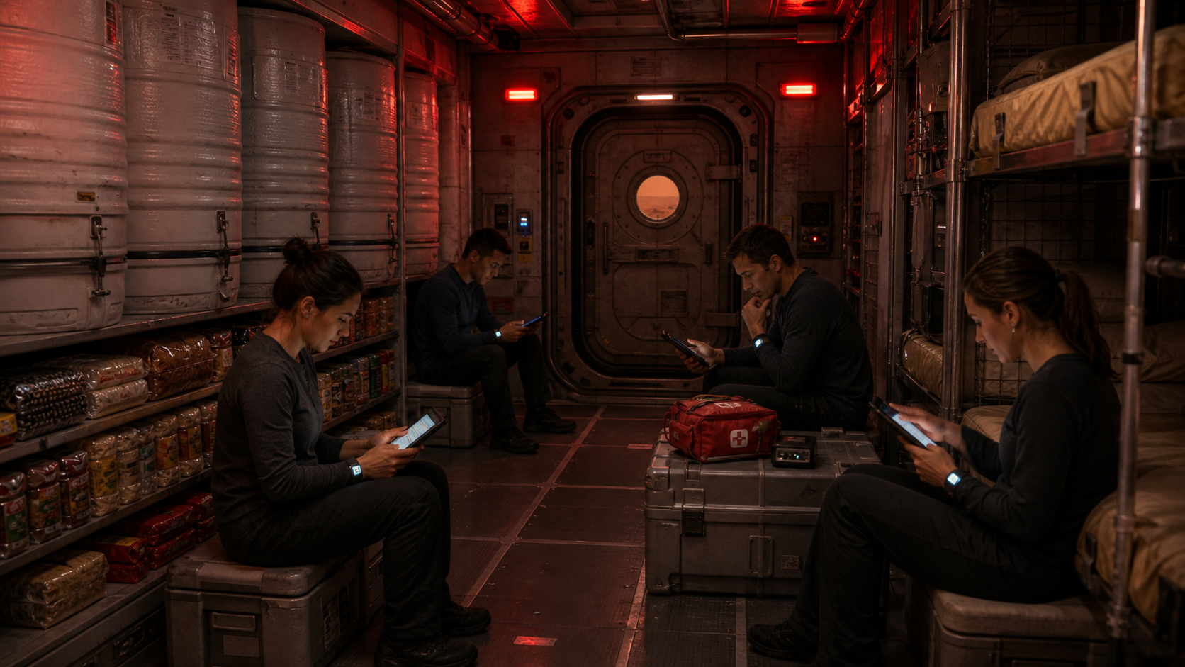 A Mars radiation storm shelter lined with water tanks, food storage, dosimeters, medical supplies, and crew members.