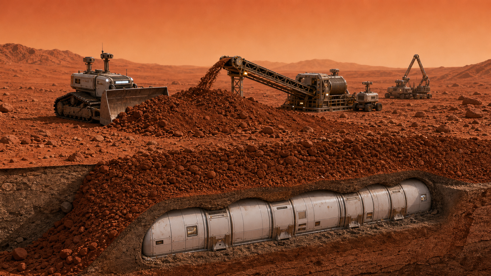 Autonomous construction machines piling Martian regolith over arched habitat modules to create radiation shielding.