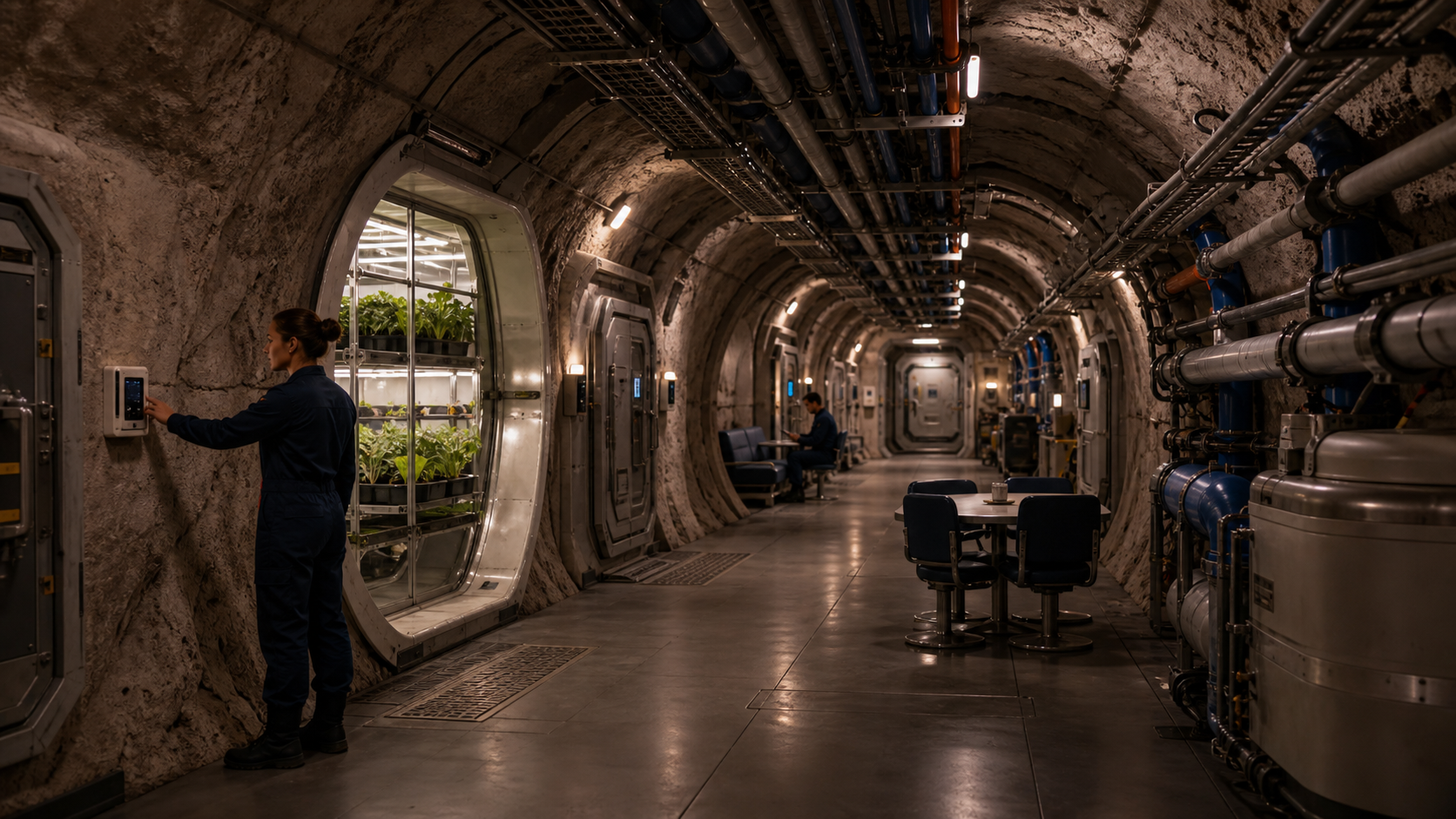 An underground Mars habitat corridor with pressure doors, water pipes, cable trays, plants, and a crew member checking a wall dosimeter.