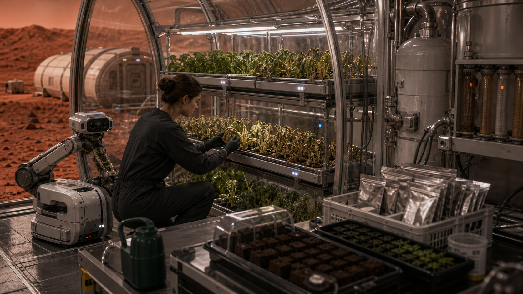A Mars greenhouse crop failure response with a crew member and agricultural robot inspecting wilted hydroponic plants.