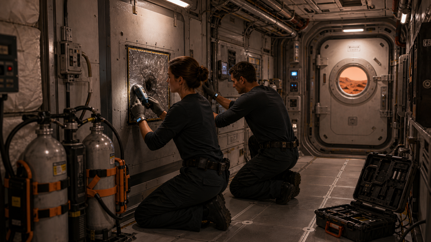 Crew members performing a pressure leak repair drill inside a Mars habitat maintenance corridor.