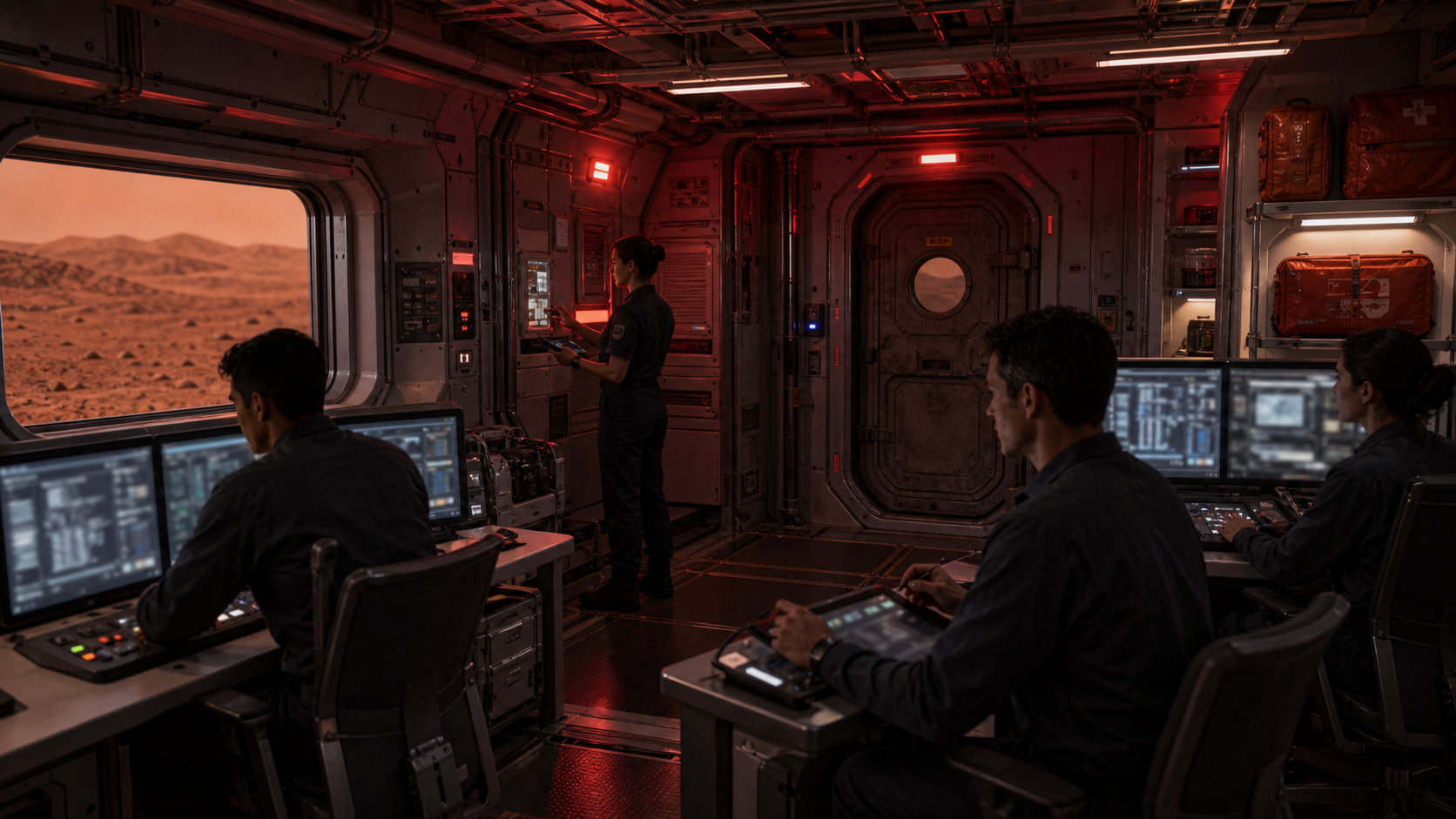 A Mars habitat emergency control room where crew monitor life support and power systems during an alert.