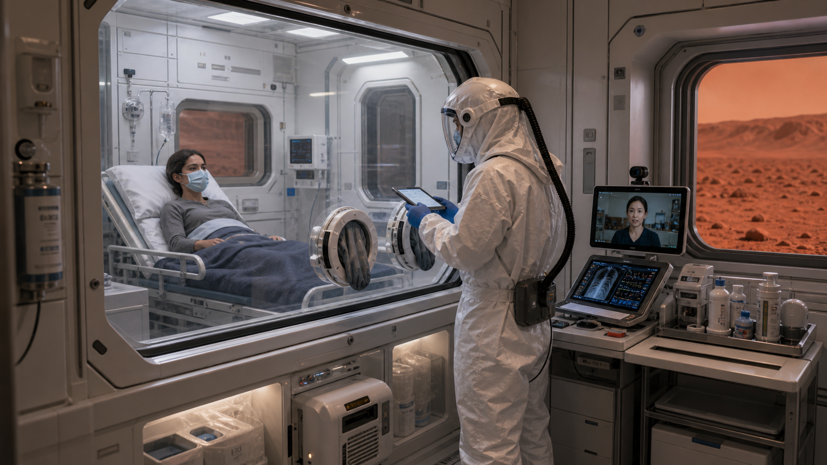 A Mars settlement medical isolation room with a clinician checking a patient behind a transparent partition.